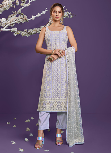 Soft Net Lakhnavi Embroidery Work Stylish Pant Suits